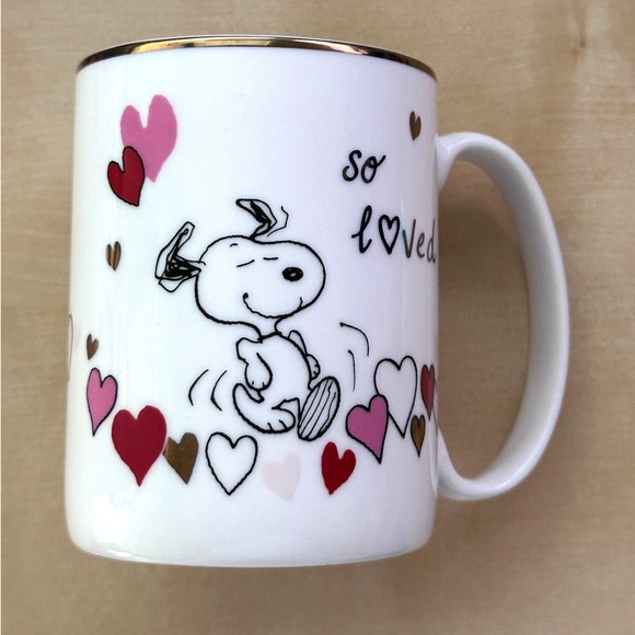 Snoopy So Loved White Ceramic Coffee Mug with Gold Trim, Peanuts Hearts - Picture 1 of 4